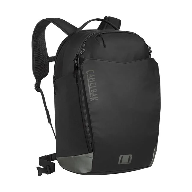 The Camelbak backpack. It's black and quite large but the side visible to back is quite clean. There are small hooks for bicycle helmet and a large outer pocket. The bottom sides are reflective.