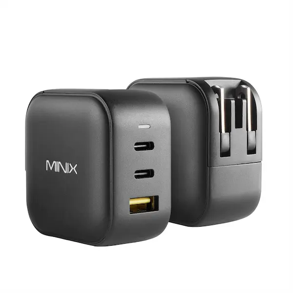 Minix Neo P1 charger. There are two USB-C ports and one USB-A port. The charger mounts straight to the wall, there is no cord.