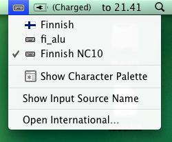 Kuvakaappaus OS X:n näppäimistövalikosta, Finnish NC10 valittuna